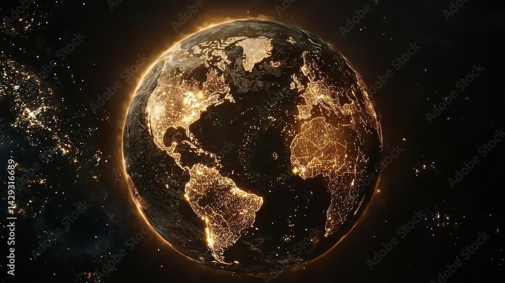 Poster illuminated global network concept with glowing lights on digital earth globe. exploration of connec