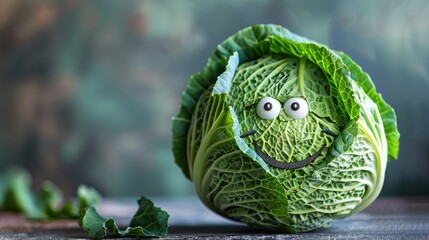 Obraz premium A green cabbage with eyes and a smile stands on the kitchen countertop. Healthy food.