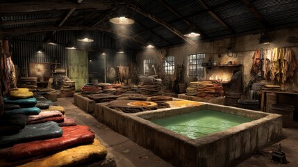 A dimly lit workshop filled with colorful materials, tools, and a large basin, showcasing a traditional craft or production process.