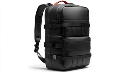 Naklejka premium Modern graphic black backpack with clean lines, ergonomic design, and spacious compartments, isolate on white background