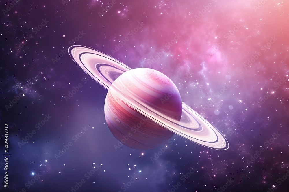 Poster majestic saturn planet with prominent rings floating in colorful cosmic nebula. artistic rendering o