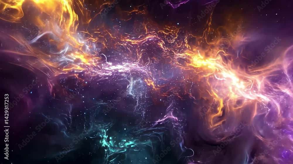 Poster fractal patterns emerge from a cosmic fog, showcasing vibrant colors and swirling designs in a vast 
