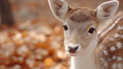 Fototapeta premium Vintage deer gazing through fallen leaves in a serene autumn forest setting