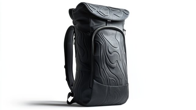 Futuristic graphic backpack in black with unique pattern designs, water-resistant fabric, and ergonomic padding, isolate on white background