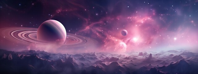 Alien exoplanet landscape with ringed gas giant and moons in purple nebula. Sci-fi space exploration concept. Extraterrestrial world discovery and astronomy research visualization.