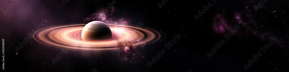 Poster saturn-like planet with luminous rings in deep space. cosmic gas giant surrounded by glowing celesti