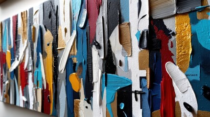 Close-up of an abstract textured acrylic painting with bold colors and thick brushstrokes