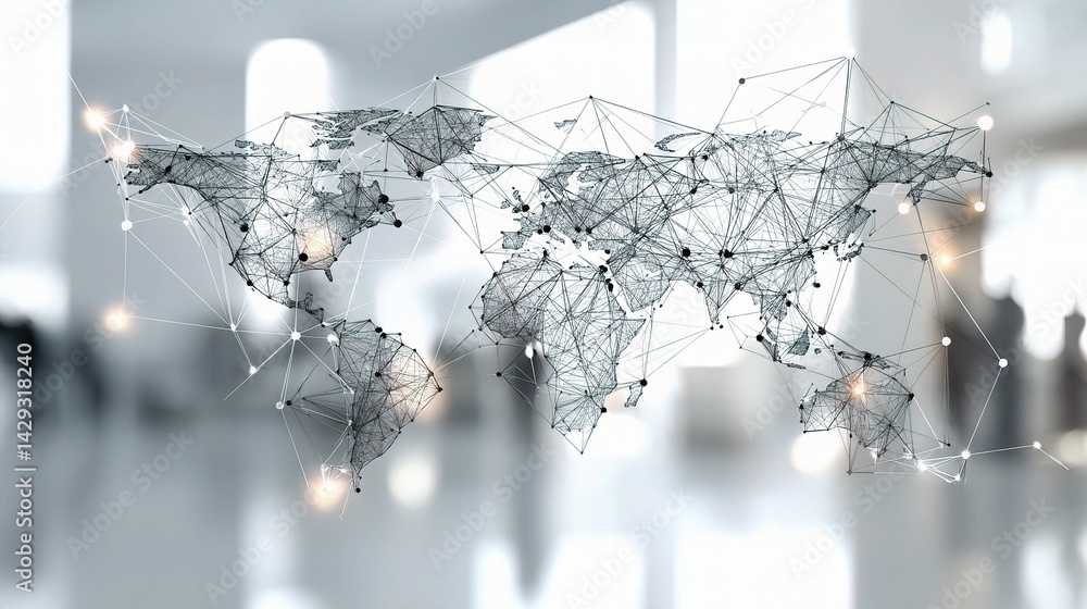Poster global network map overlay in blurred modern office setting