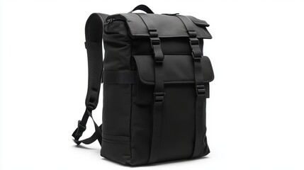 Naklejka premium Black backpack with minimalist graphic detailing, padded shoulder straps, and durable zippers, isolate on white background