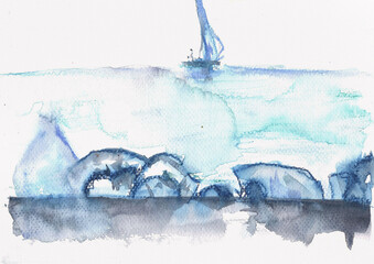 A meditative watercolor seascape capturing stillness, solitude, and spiritual reflection, hand-made watercolor