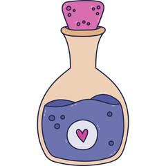 Lovely colored doodle magic potion in glass vial with heart on label, cork, purple elixir. Hand drawn witchcraft and fantastic liquid. Esoteric flask as sign of alchemist, ritual isolated on white.