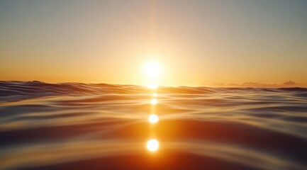 Sunrise over a hazy ocean. Golden light reflects on rippling water