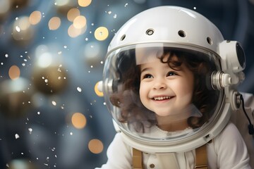 Smiling child in astronaut helmet with festive lights background. Space exploration dream for kids. Future scientist concept. Inspiring young minds in STEM education.