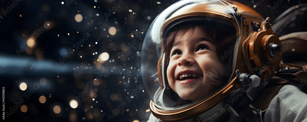 Poster smiling child in astronaut helmet dreams of space exploration. young aspiring cosmonaut imagines int