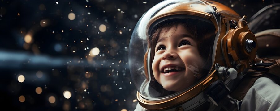 Smiling child in astronaut helmet dreams of space exploration. Young aspiring cosmonaut imagines interstellar journey. Future of space travel and youth inspiration concept