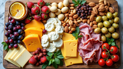 Keto Diet Snack Board with cheese, meats, nuts, berries, and olives arranged on a wooden cutting board.