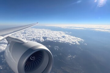 High-altitude view of airplane wing and engine.  Vast expanse of clouds and landscape below