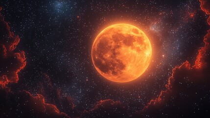 Obraz premium Orange Blood Moon in Dark Night Sky with Stars