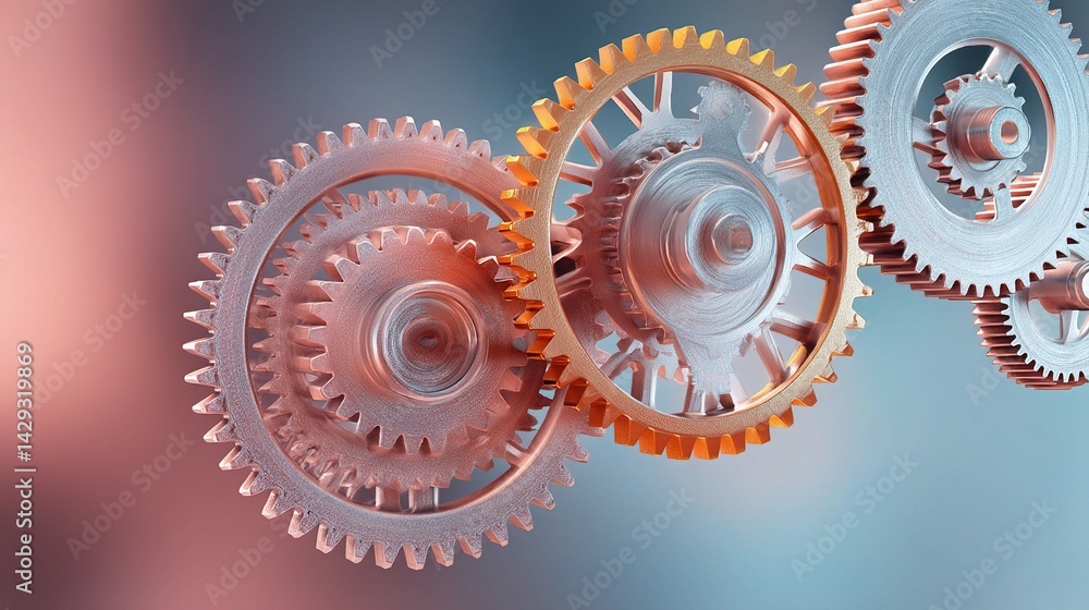 Poster double exposure of interlocking gears with soft gradient background