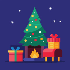 A cozy Christmas living room with a decorated tree, glowing fireplace, and wrapped gifts
