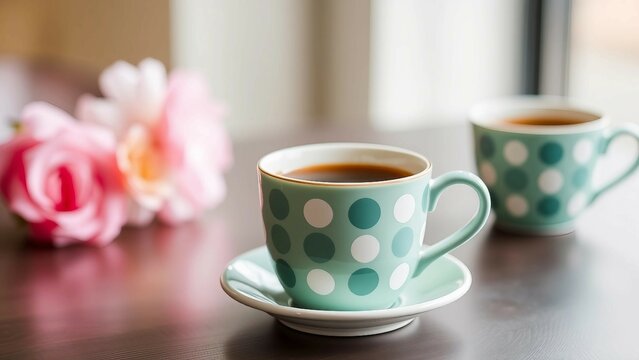 Zwei mintgr&uuml;ne Kaffeetassen mit wei&szlig;en Punkten, romantisch dekoriert mit rosa Blumen &ndash; nostalgischer Look mit Retro-Charme.
