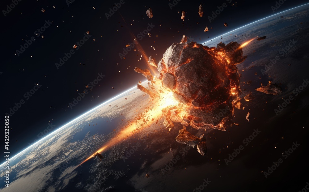 Poster asteroid impact on earth's atmosphere. comet collision with planet. space catastrophe concept. cosmi