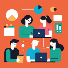 Small casual business team working on computers and doing research. Flat design vector illustration with white background