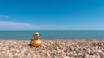 Obraz premium Silver rubber duck with sunglasses on the beach