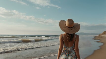 Girl from behind with a hat on her head on the beach looks at the sea.
