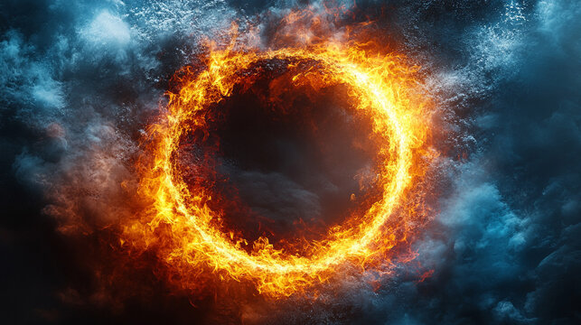 A mesmerizing circular blend of ice and fire symbolizes opposing forces in harmony, illustrating balance, transformation, inner conflict, and duality in a dramatic visual metaphor.

