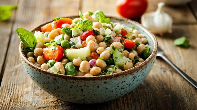 Delicious chickpea salad with fresh vegetables and herbs on wooden table