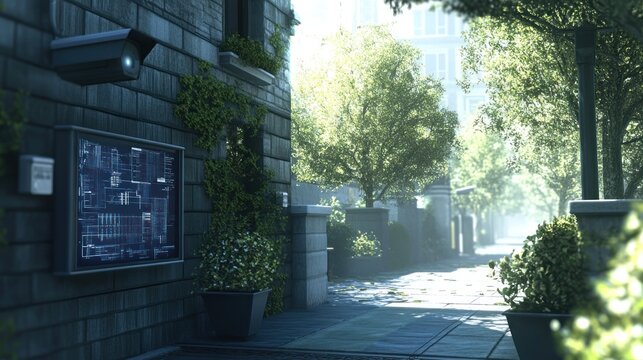 Urban alleyway with security camera and informational display.