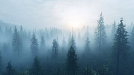 Mystical forest shrouded in dense fog with ethereal glow piercing through trees