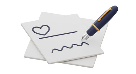 Isolated Love Letter with Heart on Paper and Fountain Pen
