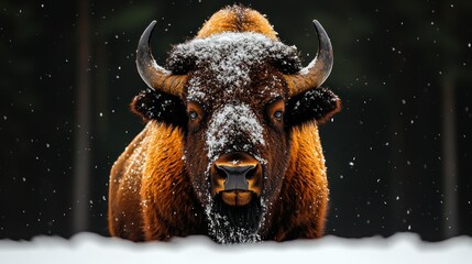 Buffalo in snow. Headshot with forest background