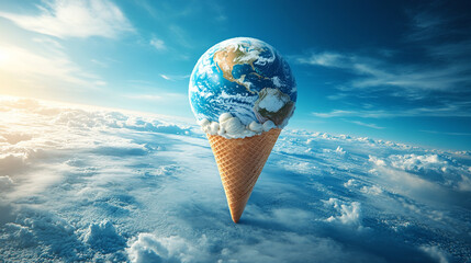 A shiny Earth-shaped ice cream cone floats against a clear sky, melting slightly, symbolizing global warming, climate change, and the fragile beauty of our planet in a modern surreal concept.

