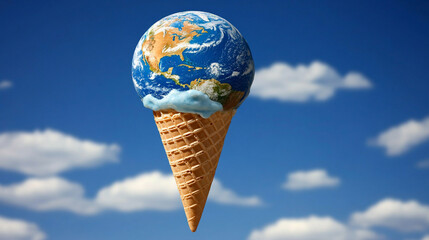 A shiny Earth-shaped ice cream cone floats against a clear sky, melting slightly, symbolizing global warming, climate change, and the fragile beauty of our planet in a modern surreal concept.

