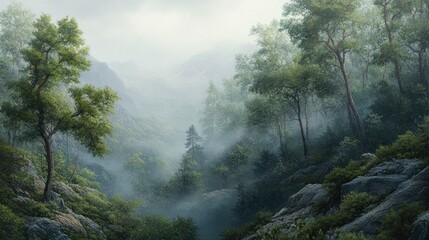 Misty Mountain Valley Landscape, serene forest scene, ideal for nature publications