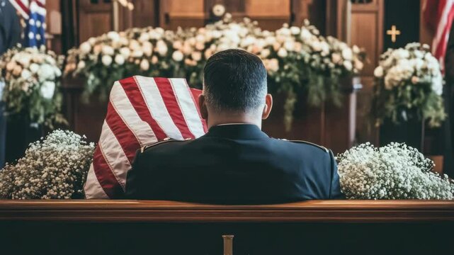 Man mourning at military funeral with American flag background  