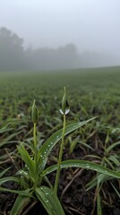 Obraz premium Misty Morning Dewdrops on Grass Shoots Stunning Nature Photography