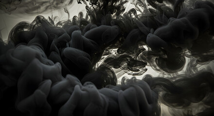 Obraz premium Abstract Black Ink Clouds Forming Fluid Patterns Against Soft Light Backdrop