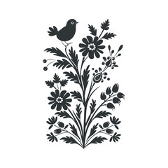 Vector linocut floral poster template. Modern trendy minimal style. Black and white colors. Botanical blockprint. Folk art design for wallpaper, wall decor, print, postcard, cover, template.