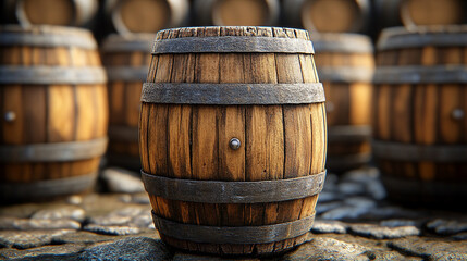 Extreme close-up of a modern empty wooden barrel standing upright in a dim cellar with rows of barrels fading into the distance, symbolizing tradition, craftsmanship, and timeless aging processes.

