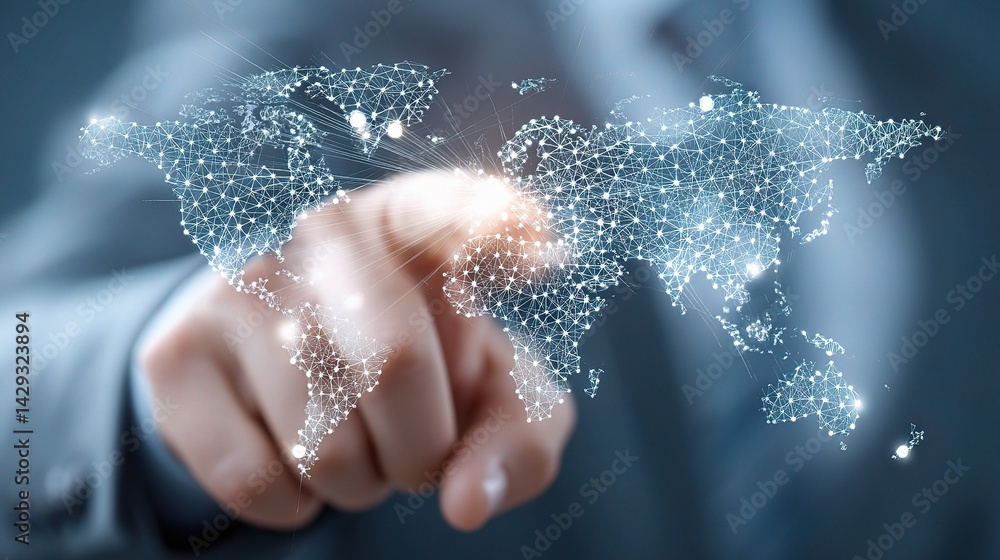 Poster digital world map with satellite network representation
