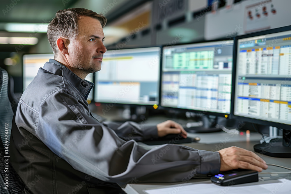 Poster security guard monitoring rfid access logs in high-tech control room