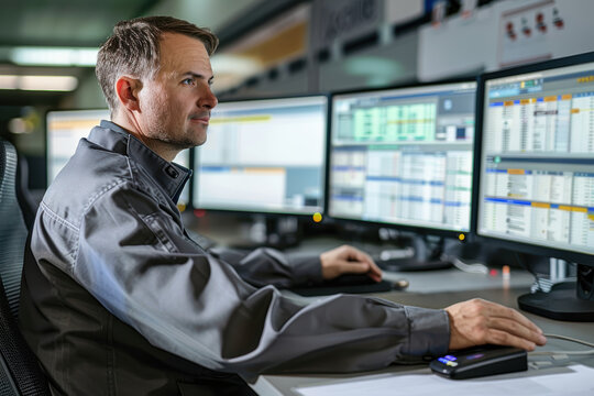 Security Guard Monitoring RFID Access Logs in High-Tech Control Room