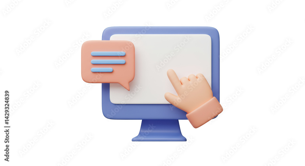 Poster isolated hand touching computer screen with chat bubble