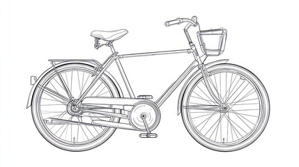 Bicycle with basket outline, isolated on white. Could be used for travel or design
