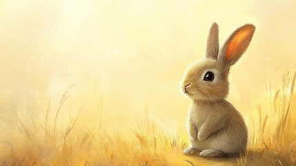 Obraz premium Cute brown bunny with soft fur, against a pale yellow plain backdrop