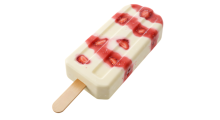 Ice-Cream Vanilla popsicle with strawberry sauce and wooden stick